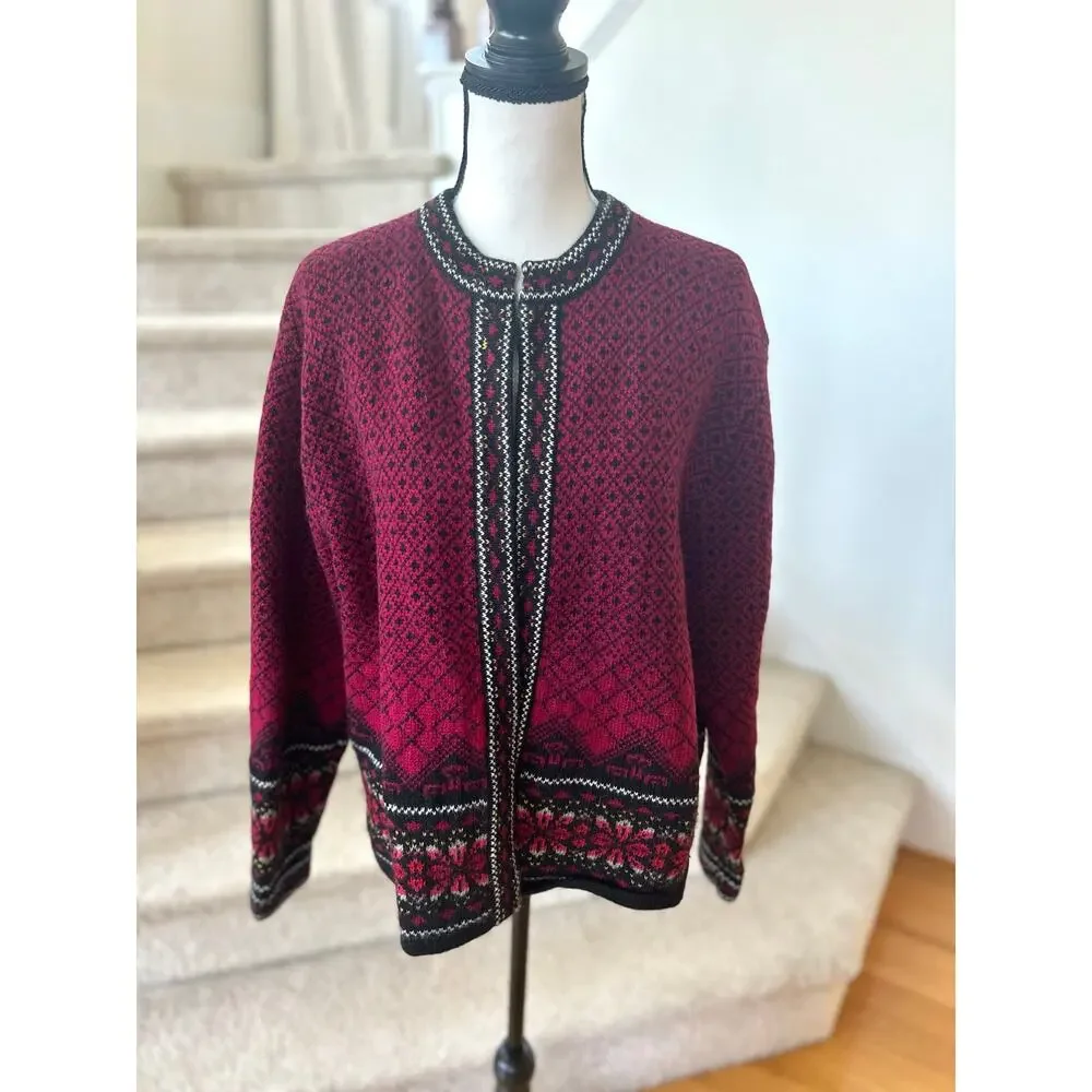 Vintage Frost Petite Burgundy Icelandic Fair Isle Snowflake Wool Cardigan